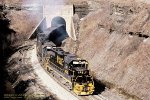 P&LE GP38s 2033-2041-2037 with southbound empties on the Monongahela Railway Waynesburg Southern, exiting White Cottage tunnel, White Cottage, Pennsylvania. February 8, 1990. 